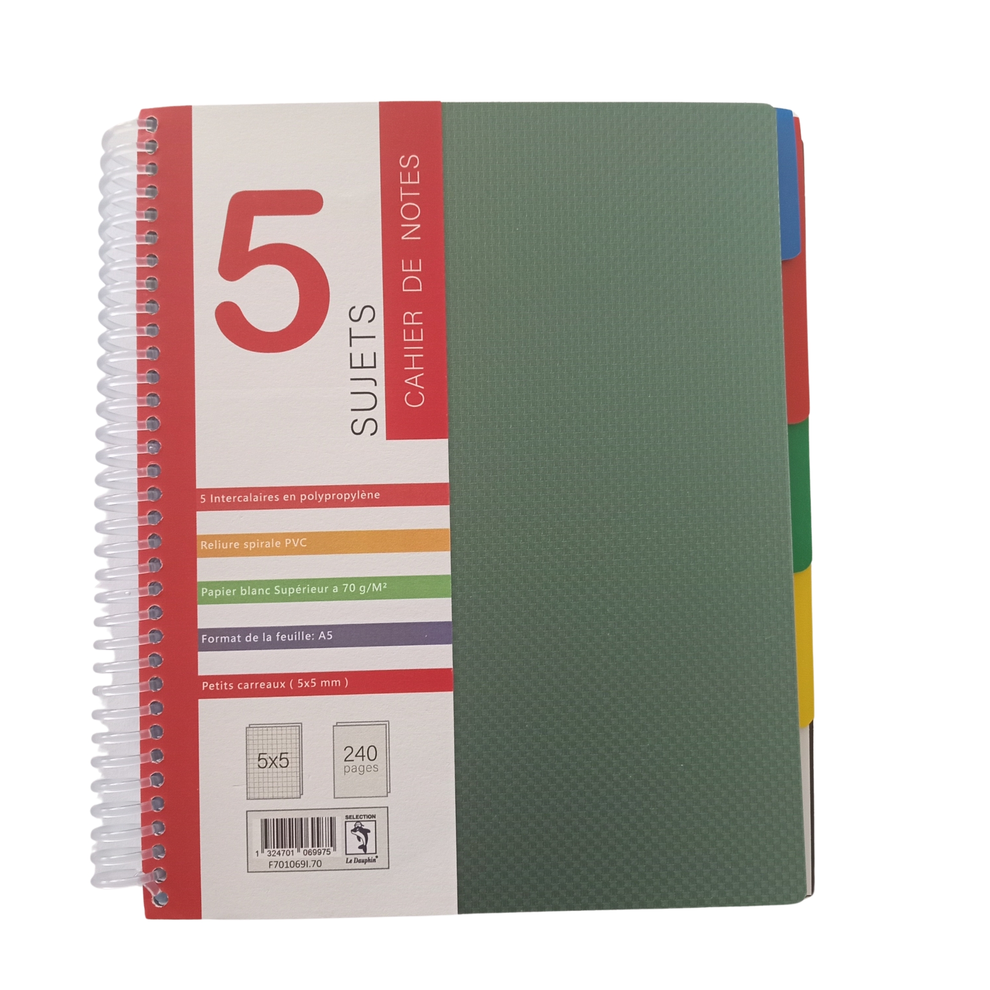 CAHIER SPIRALE POLYPROPYLLENE 5 SUJET 240P 5*5.A5